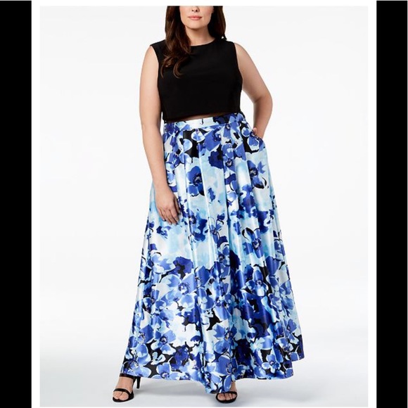 Women’s Formal Dress Plus Size 14W Betsy & Adam Black Blue Floral w Pockets Gown - Picture 2 of 8